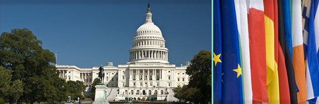 US Capitol and flags from different countries